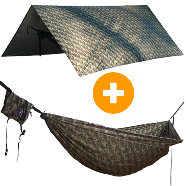 Offroad travel hammock + UPF50+ thermal insulation tarp camo + attachment by Hideaway Outfitters HO-91101 color camouflage